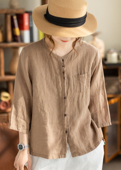 Khaki O Neck Button Pockets Linen Shirt Bracelet Sleeve
