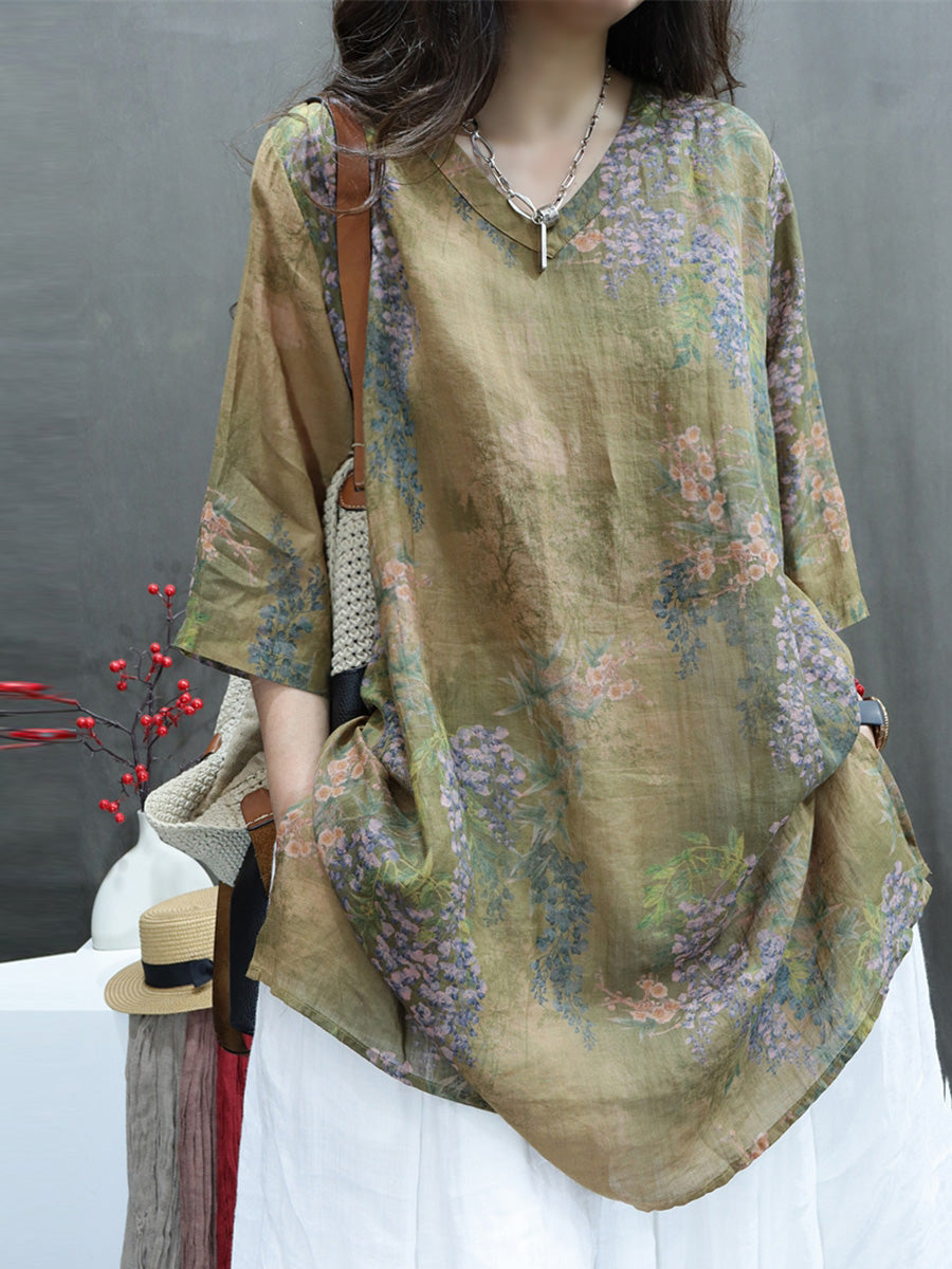 Summer Flower V-neck Ramie Long Shirt