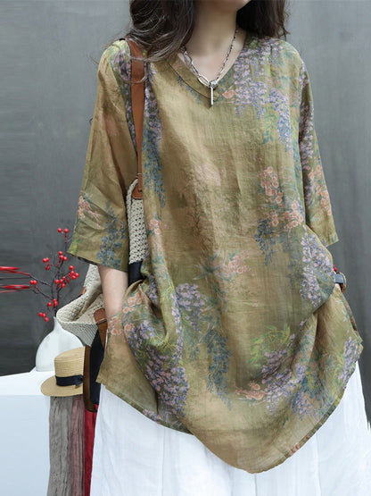 Summer Flower V-neck Ramie Long Shirt