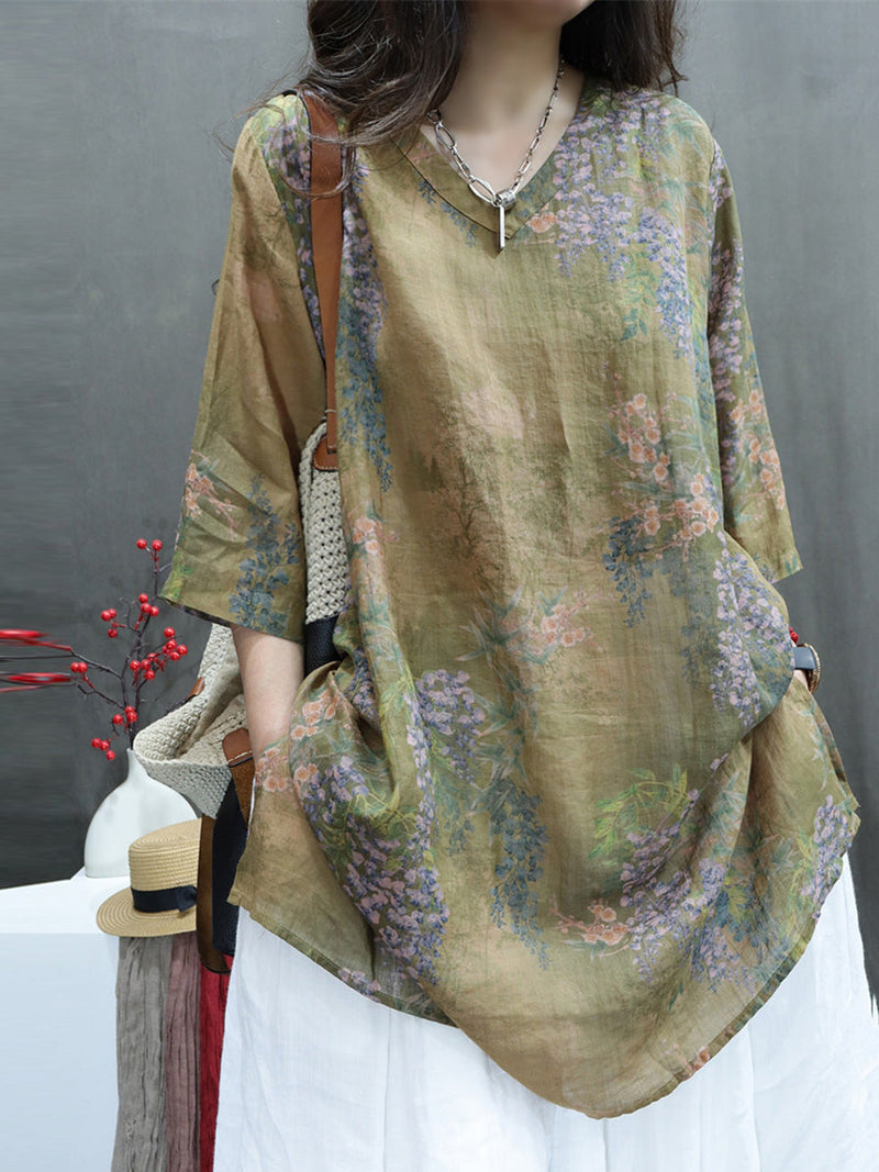 Summer Flower V-neck Ramie Long Shirt