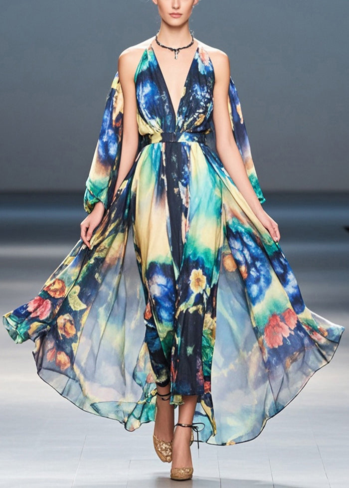 Navy Cold Shoulder Print Chiffon Holiday Dress Summer