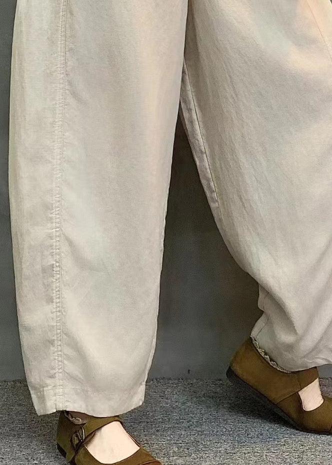 White Oversized Elastic Waist Linen Pants Summer