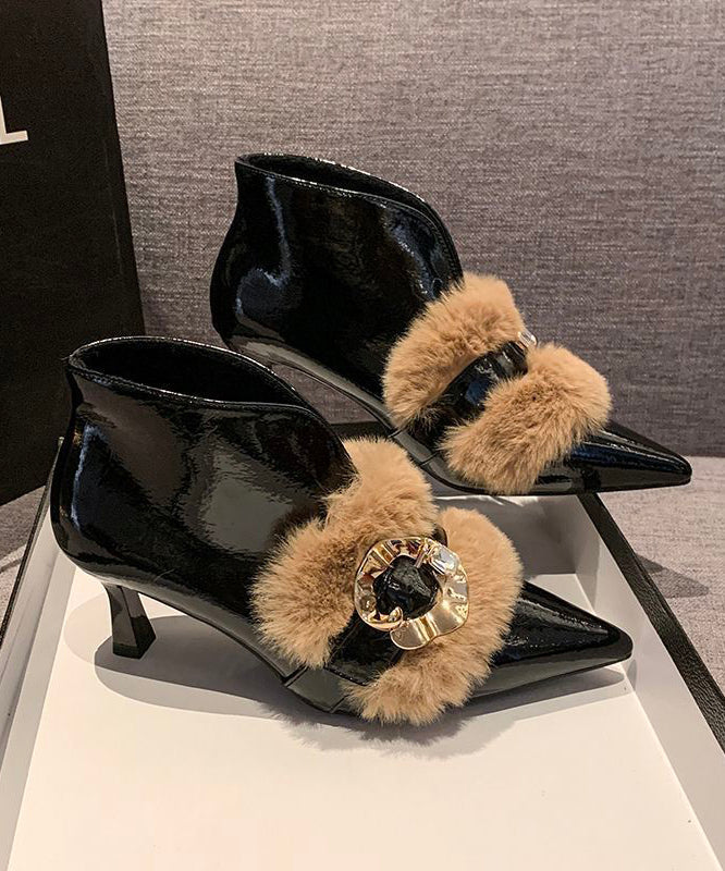 Khaki High Heel Faux Leather Fur Splicing Boots