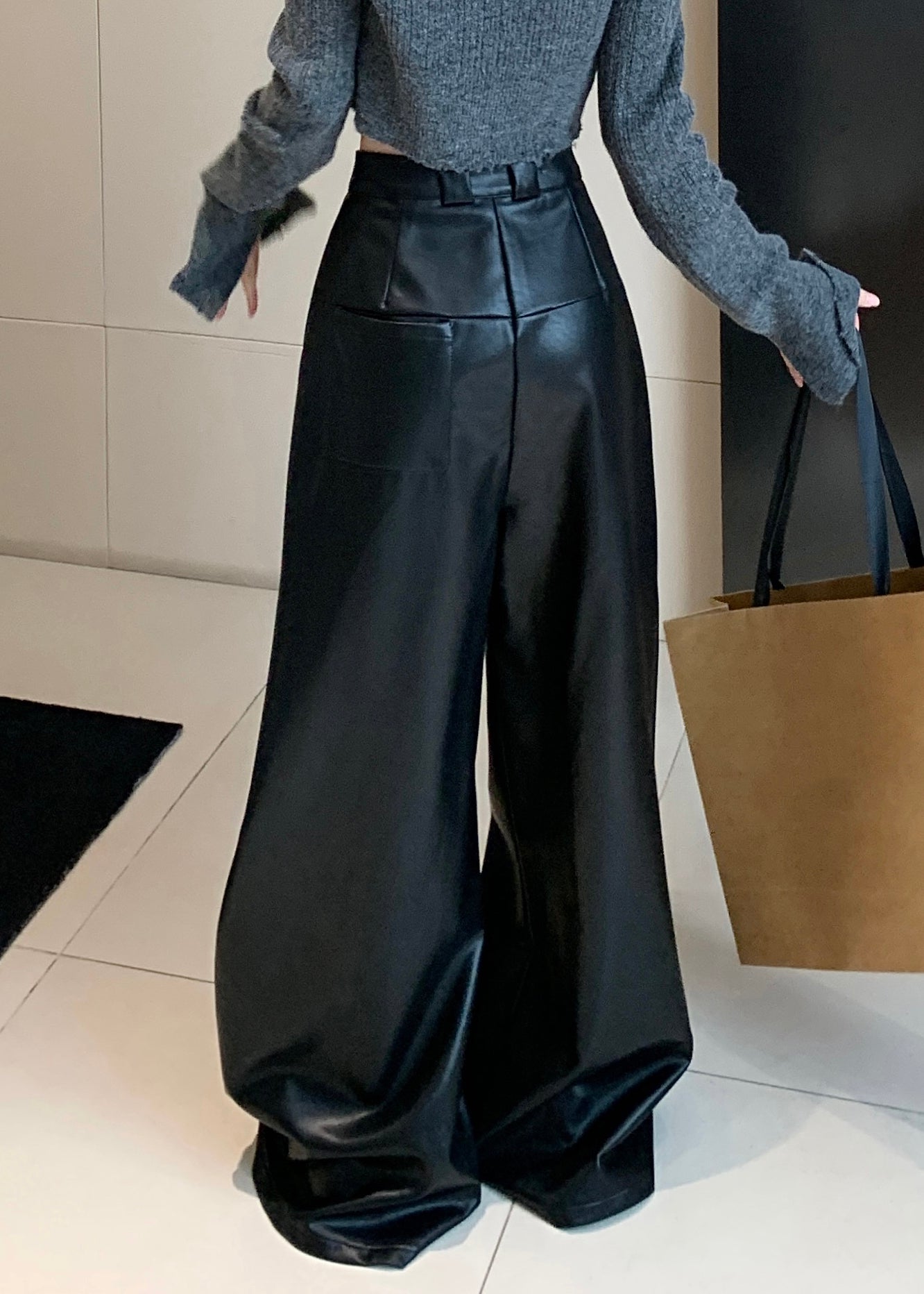 Black Faux Leather Wide Leg Pants High Waist