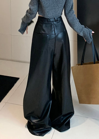 Black Faux Leather Wide Leg Pants High Waist