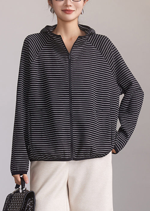 Striped Hooded Zippered Pockets Cotton Coat Spring