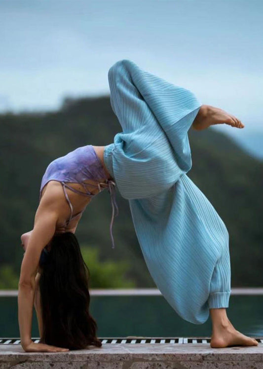 Blue Pockets Elastic Waist Cotton Lantern Pants Summer