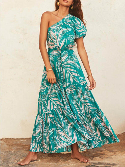 Off-shoulder Palm Leaf Print Holiday Style Dress