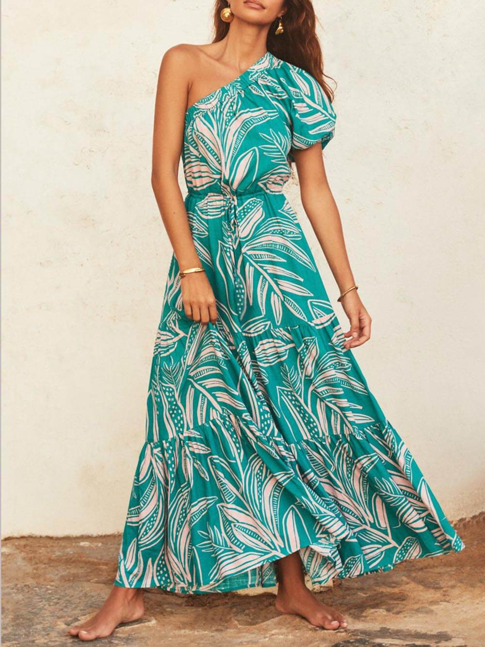 Off-shoulder Palm Leaf Print Holiday Style Dress
