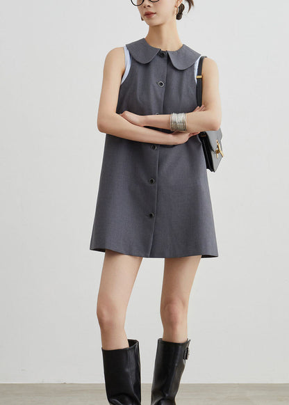 Grey Peter Pan Collar Patchwork Cotton T Shirt Dresses Sleeveless