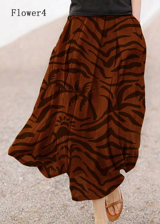 Retro Chocolate-flower3 Print Pockets Linen Skirt Summer
