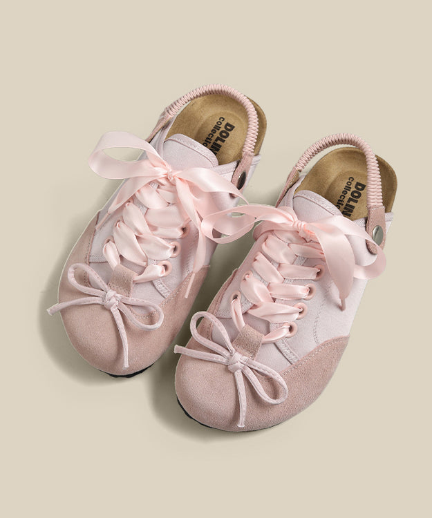 Style Pink Bow Lace Up Splicing Platform Flats