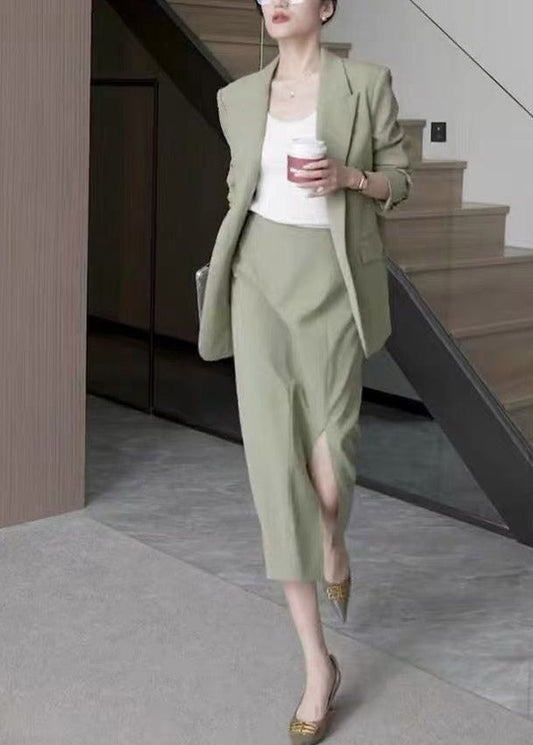 Light Green Notche Coats and Maxi Skirts Two Pieces Set Spring