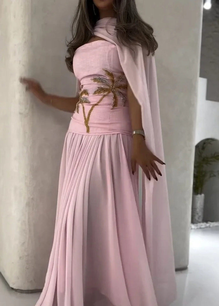 Pink Nail Bead Shawl Long Dress Batwin Sleeve