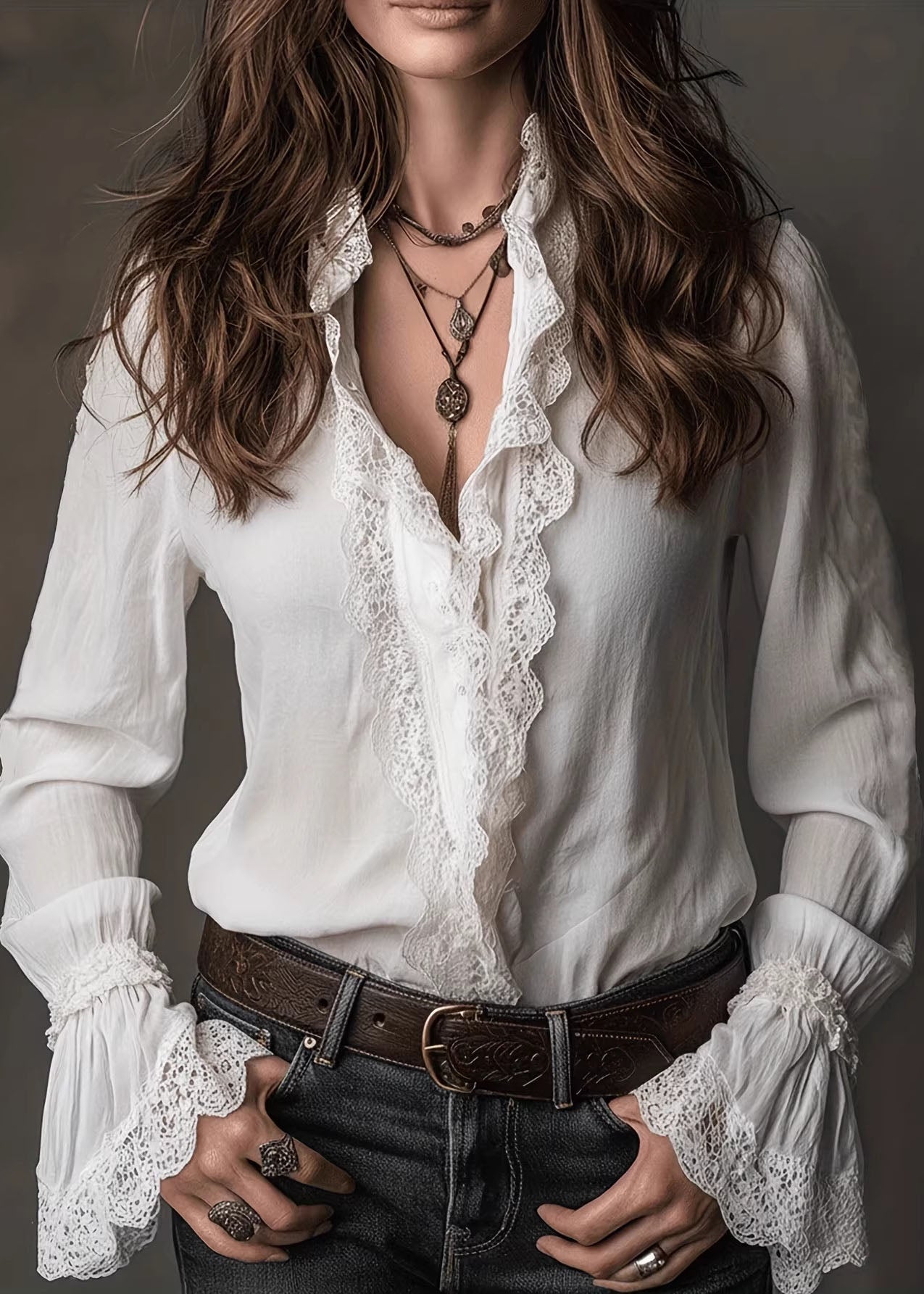 White V Neck Lace Patchwork Cotton Shirts Spring