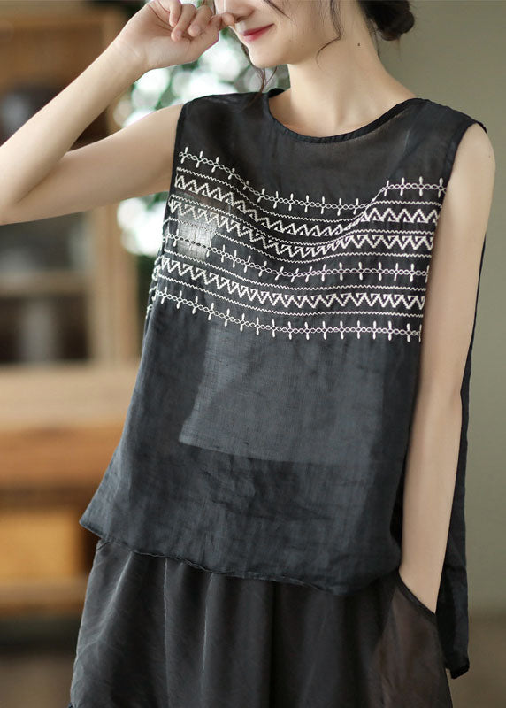 Black Embroidered Linen Tank Tops Sleeveless