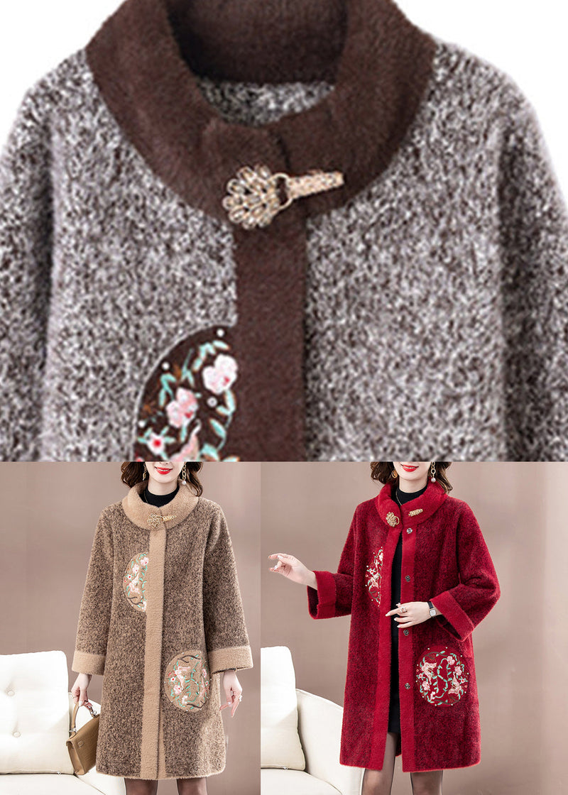 Mulberry Embroidered Long Mink Velvet Woolen Coats Spring