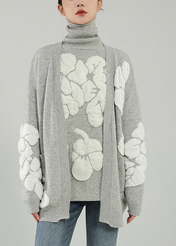 Grey V Neck Wool Knit Cardigans Winter