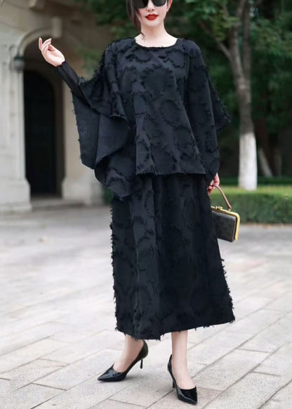 Loose Black O Neck Tops and Skirts Cotton Sets 2 Pieces Fall