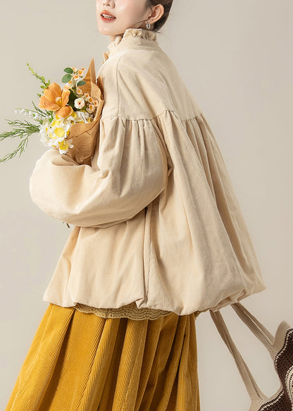 Beige Ruffled Corduroy Cotton Filled Parkas Winter