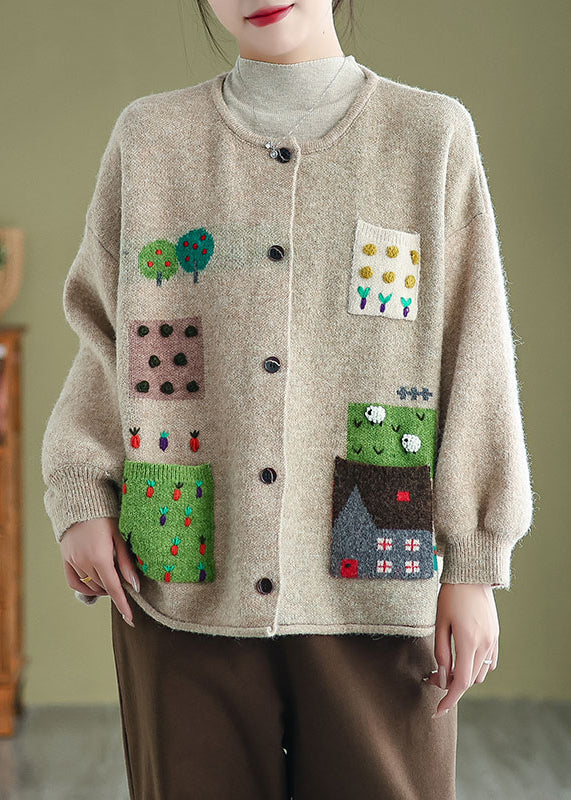 Apricot O Neck Pockets Button Knit Cardigans Coat Fall