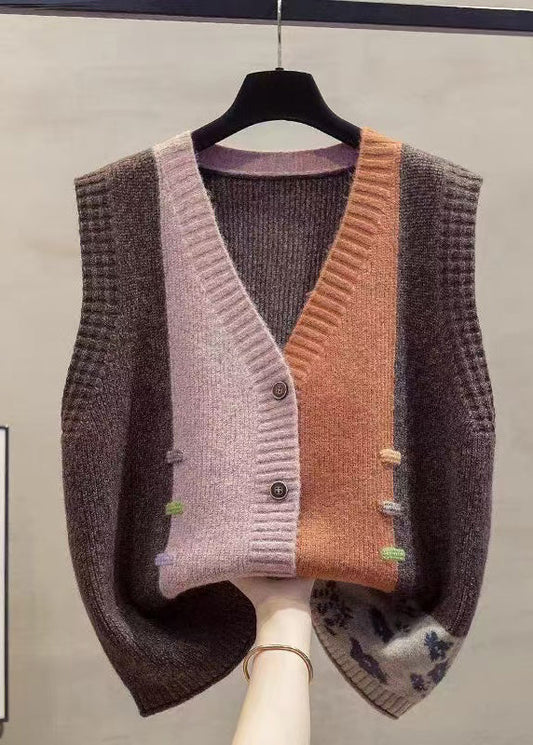 Colorblock V Neck Patchwork Knit Vests Winter