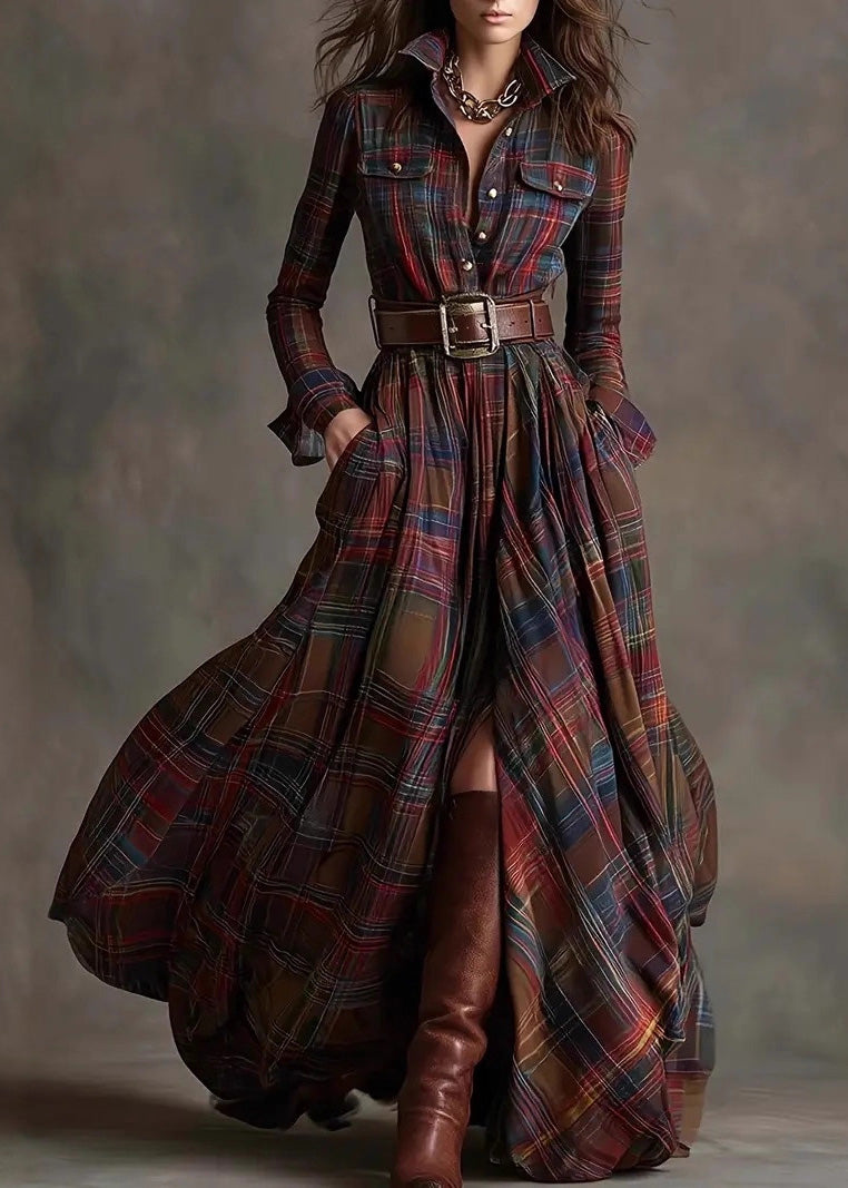 French Multi Plaid Peter Pan Collar Patchwork Cotton Dress Fall