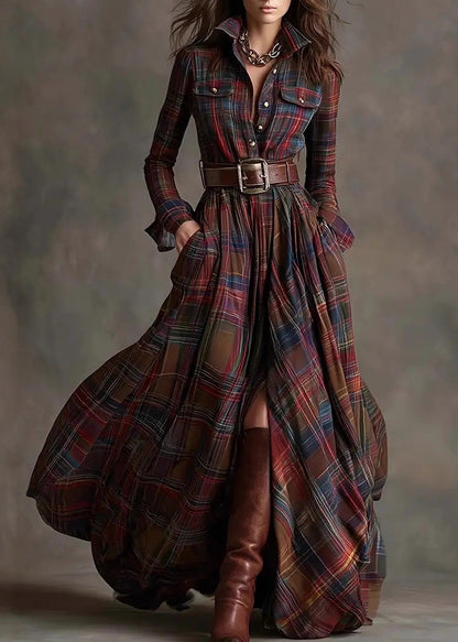 French Multi Plaid Peter Pan Collar Patchwork Cotton Dress Fall