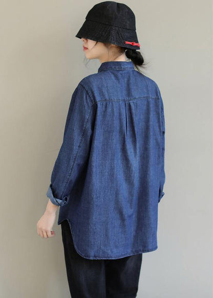 Diy Lapel Pockets Spring Clothes for Pattern Denim Blue Shirt