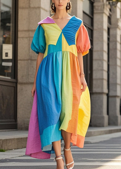 Colorblock Asymmetrical Patchwork Wrinkled Cotton Vacation Dresses Summer