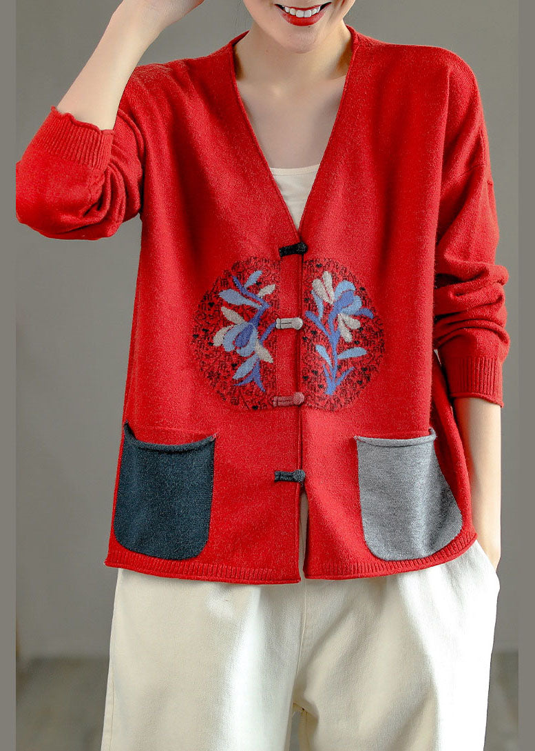 Blackish Green V Neck Patchwork Chinese Button Knit Cardigans Spring