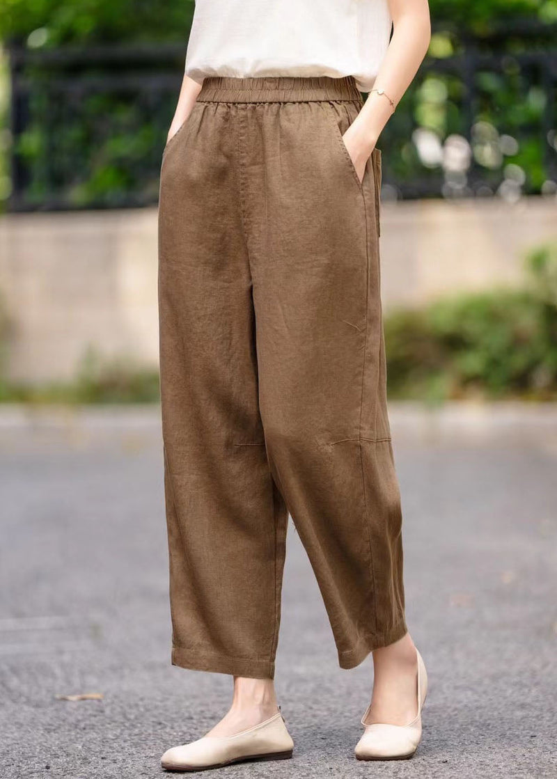 Coffee Elastic Waist Linen Harem Pants Summer