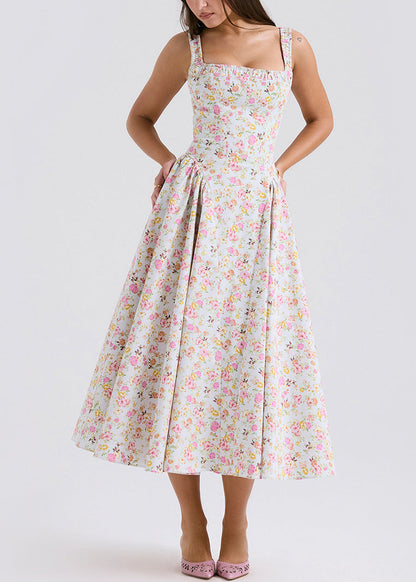 Fine Print Wrinkled Cotton Spaghetti Strap Dress Summer