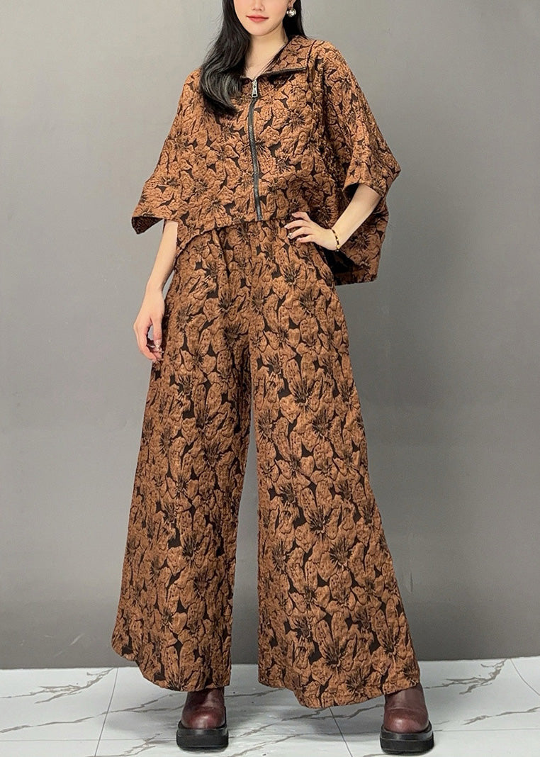 Chocolate Print Zippered Top and Wide Leg Pants Two Piece Set Fall