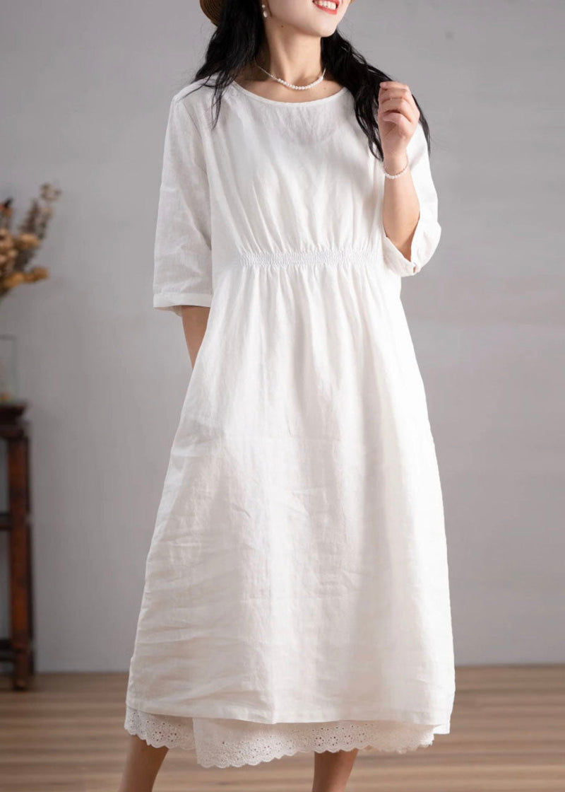 Blue O Neck Pockets Wrinkled Linen Dresses Summer
