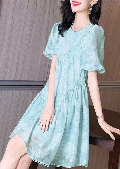 Light Blue O-neck Wrinkled Mid Dress Puff Sleeve