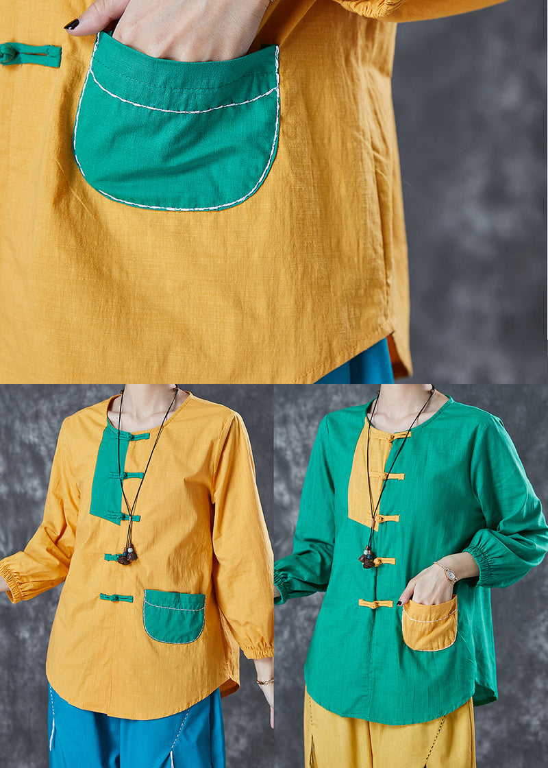 Yellow Chinese Button Patchwork Linen Shirt Top Summer