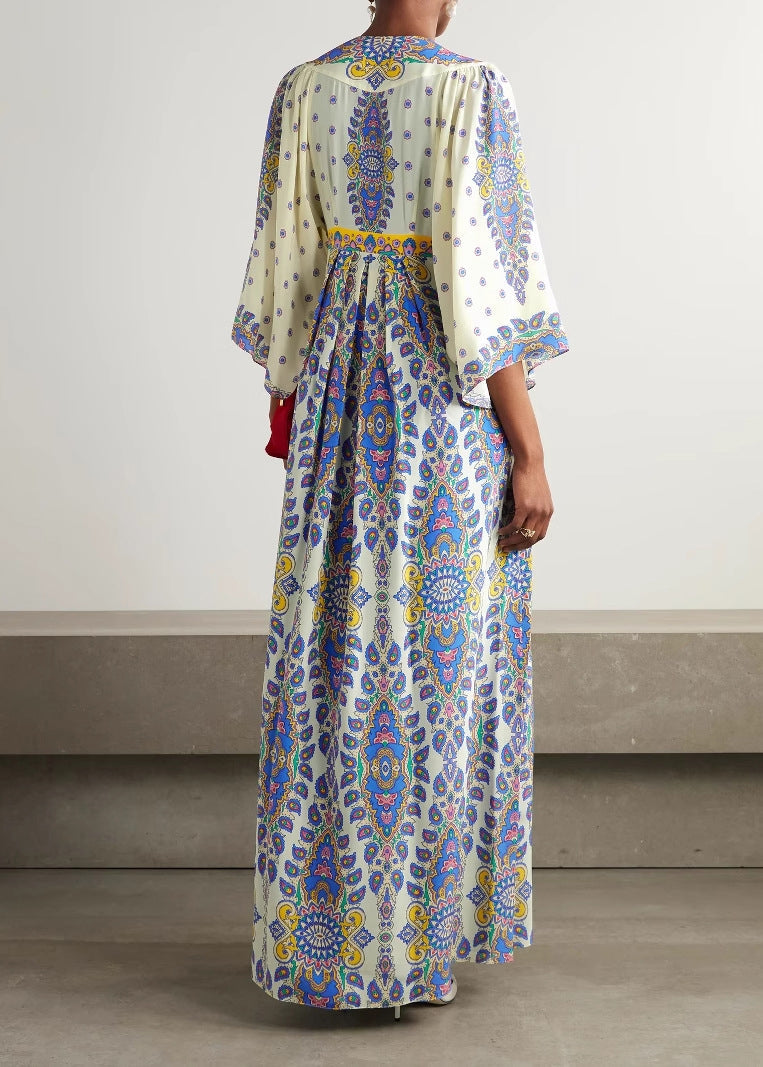 Blue V Neck Print Cotton Maxi Dresses Summer