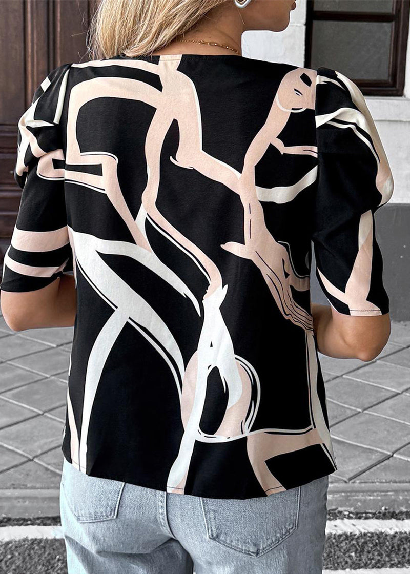 Black Apricot O Neck Print Cotton Top Summer