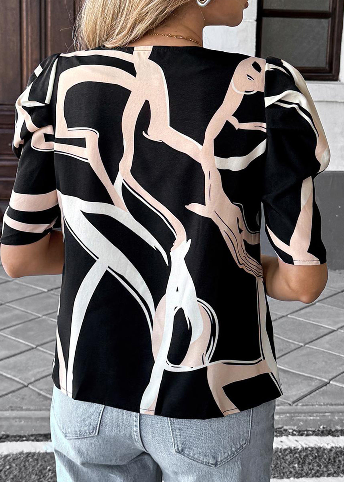 Black Apricot O Neck Print Cotton Top Summer