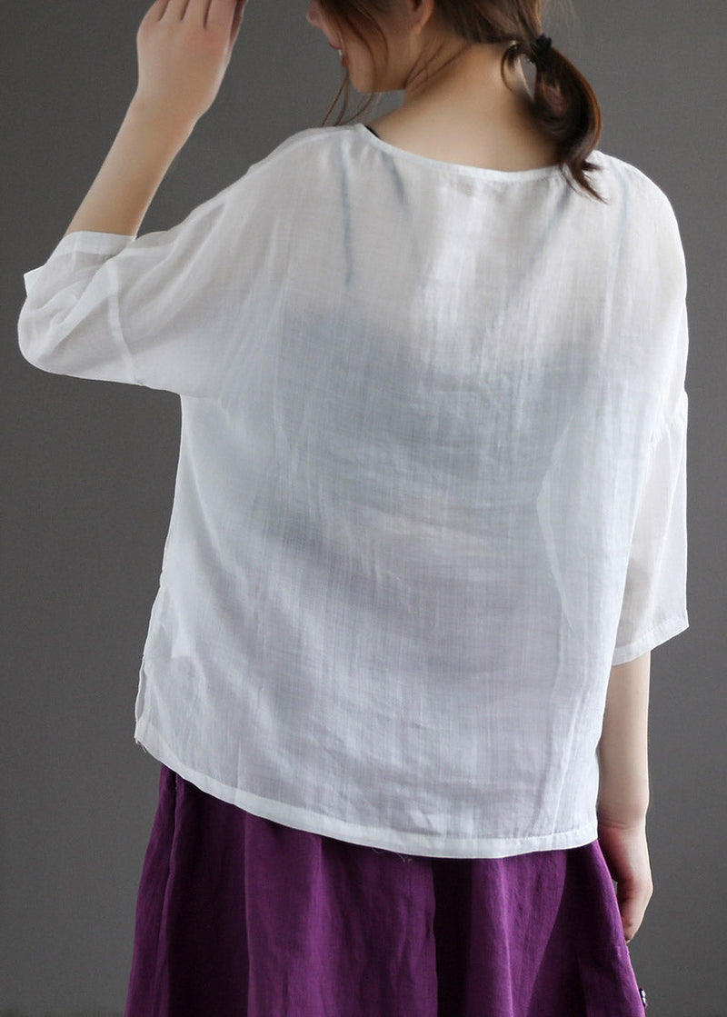 Classy Coffee O-neck Embroidered Button Linen Shirt Half Sleeve
