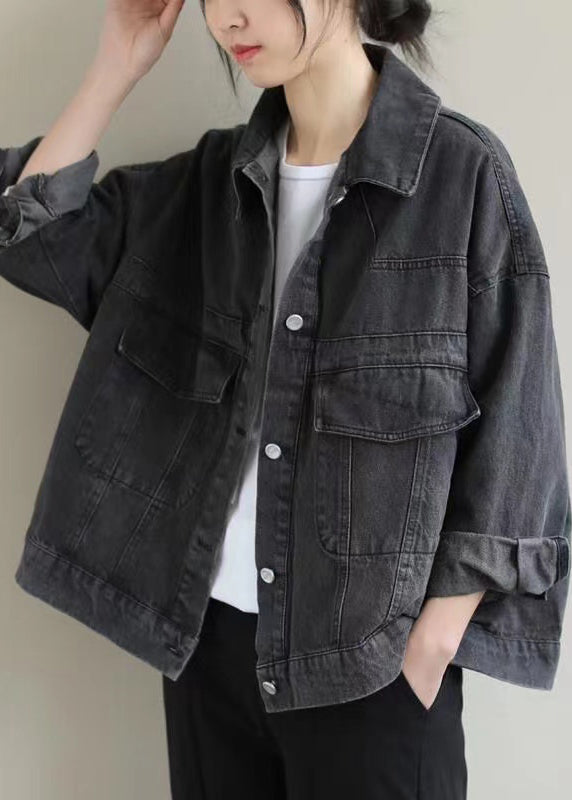 Black Button Pockets Denim Coat Long Sleeve