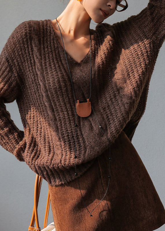 Coffee V Neck Cotton Knit Sweater Spring