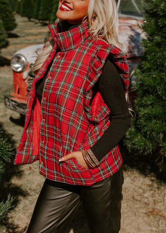 Red Ruffled Plaid Fine Cotton Filled Vest Tops Winter