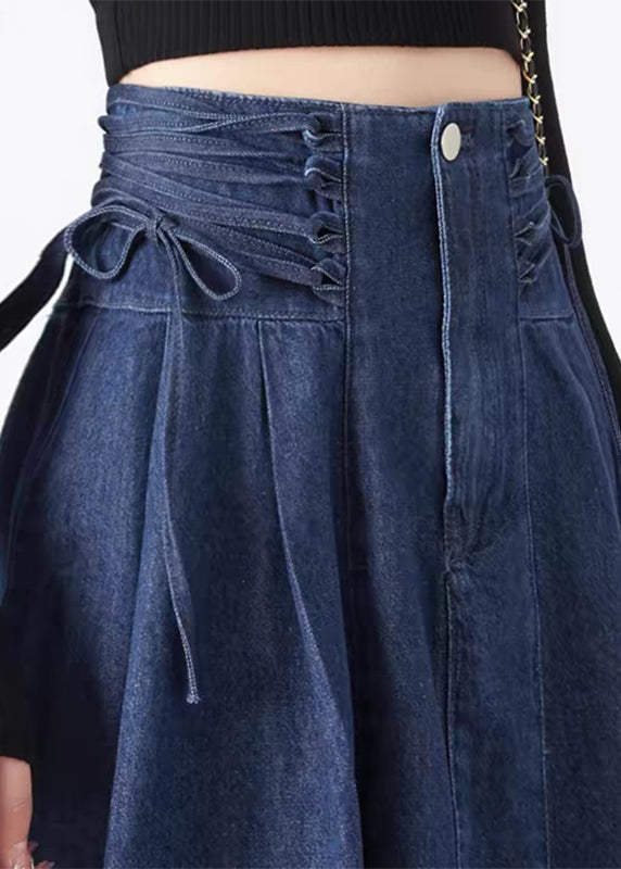Navy Patchwork Tie Waist Denim Maxi Skirts Spring