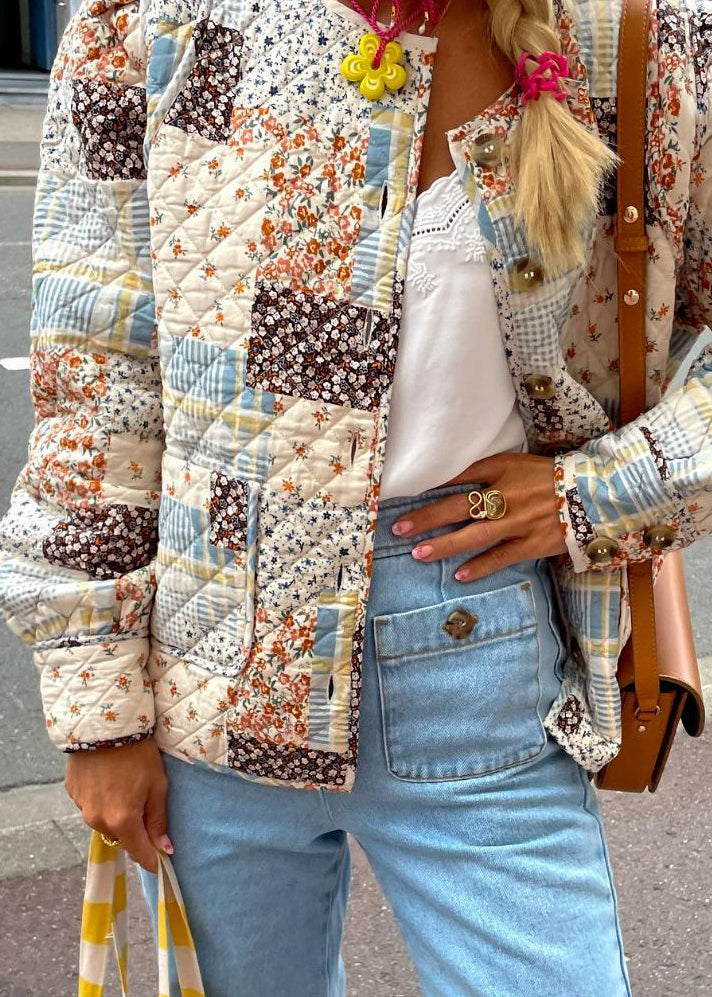 Stylish O Neck Pockets Print Fine Cotton Filled Short Coat Winter
