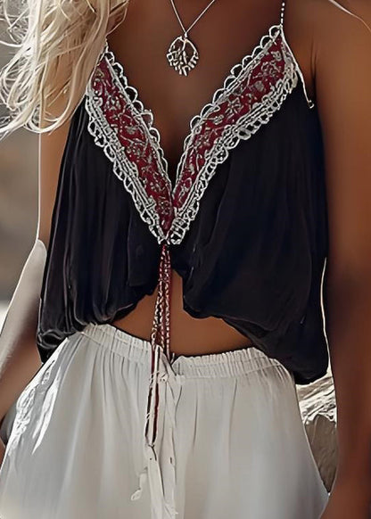 Black V Neck Print Patchwork Cotton Tank Tops Summer