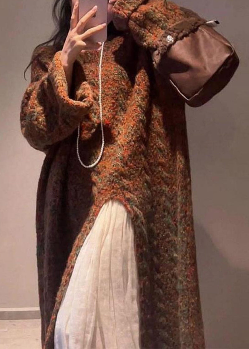 Handmade Coffee O-neck Asymmetrical Cotton Knit Long Sweaters Winter