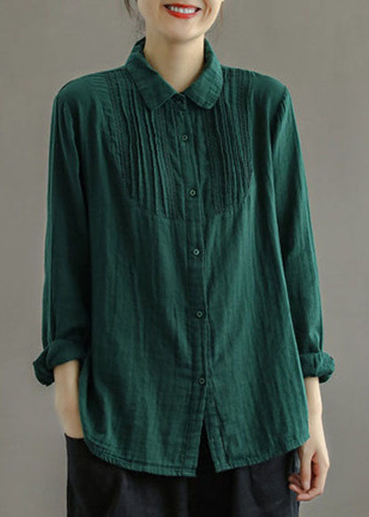 Green Peter Pan Collar Wrinkled Cotton Blouses Long Sleeve
