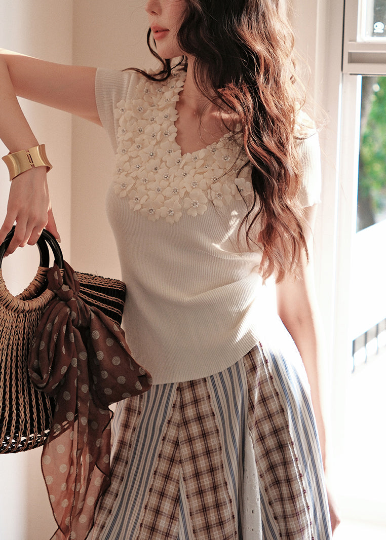 Art Beige V Neck Nail Bead Knit T Shirts Summer